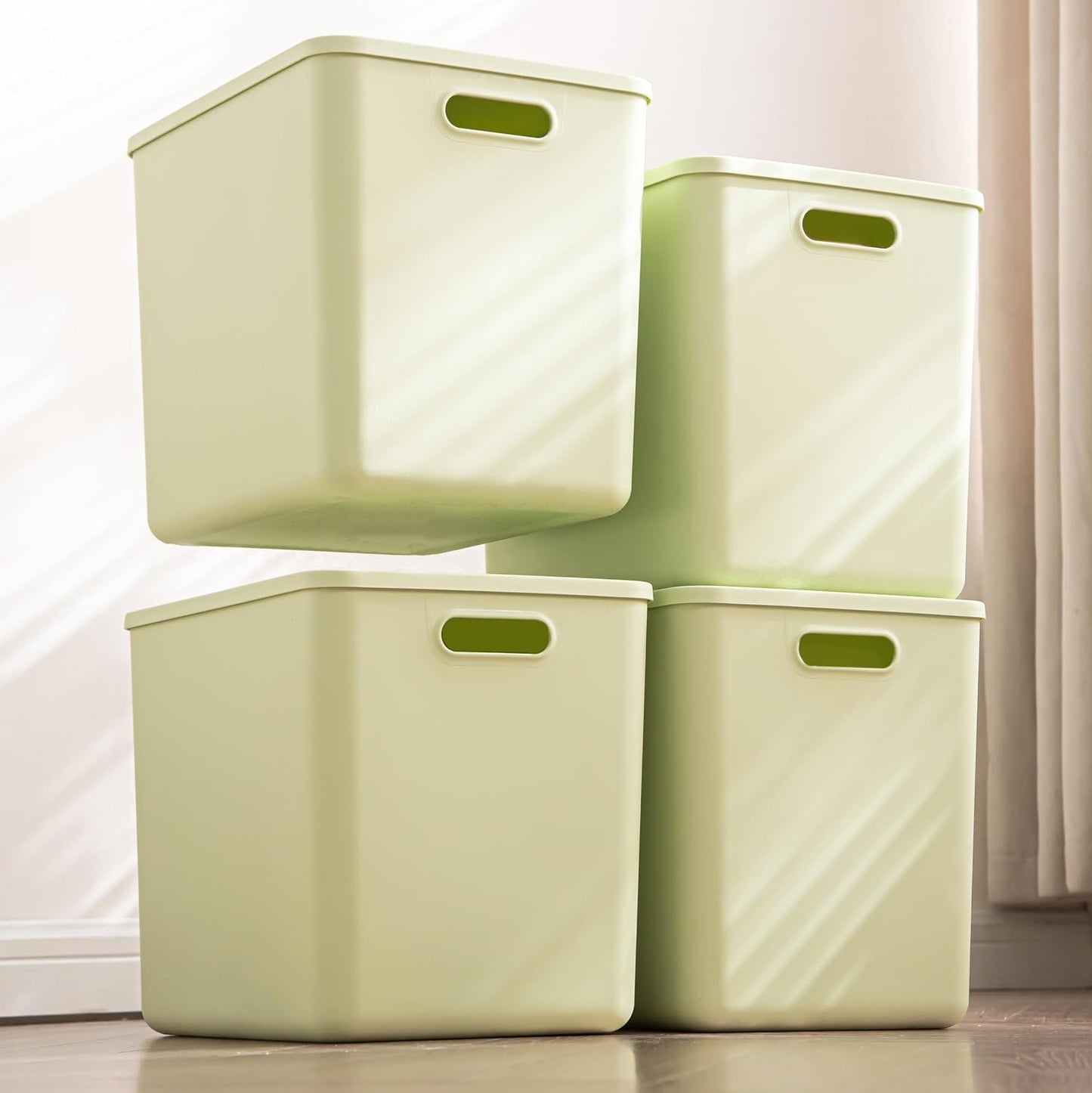 4 pack large plastic White storage bins with Lids, Toy Box Chest with Handle，Organizer Containers Baskets for Baby,Nursery，Shelves，Playroom, Bedroom，Office,Closet，home (Light Green, 4XL)