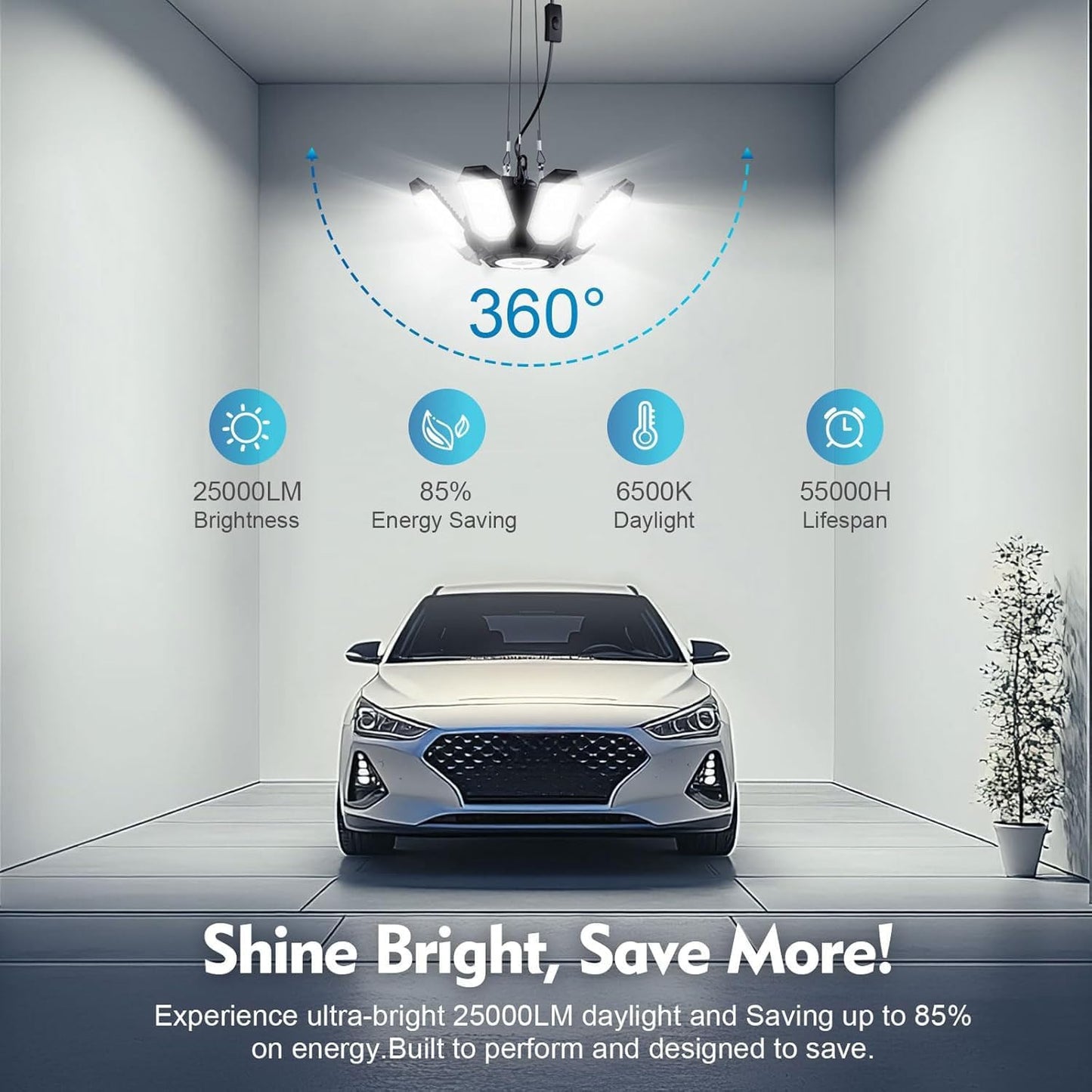 TANBABY 2 Pack LED Garage Lights, 250W Deformable Garage Light, Total 50000LM 6500K Daylight, 8+1 Adjustable Panels, Plug-in Cord Ceiling Light for Basement