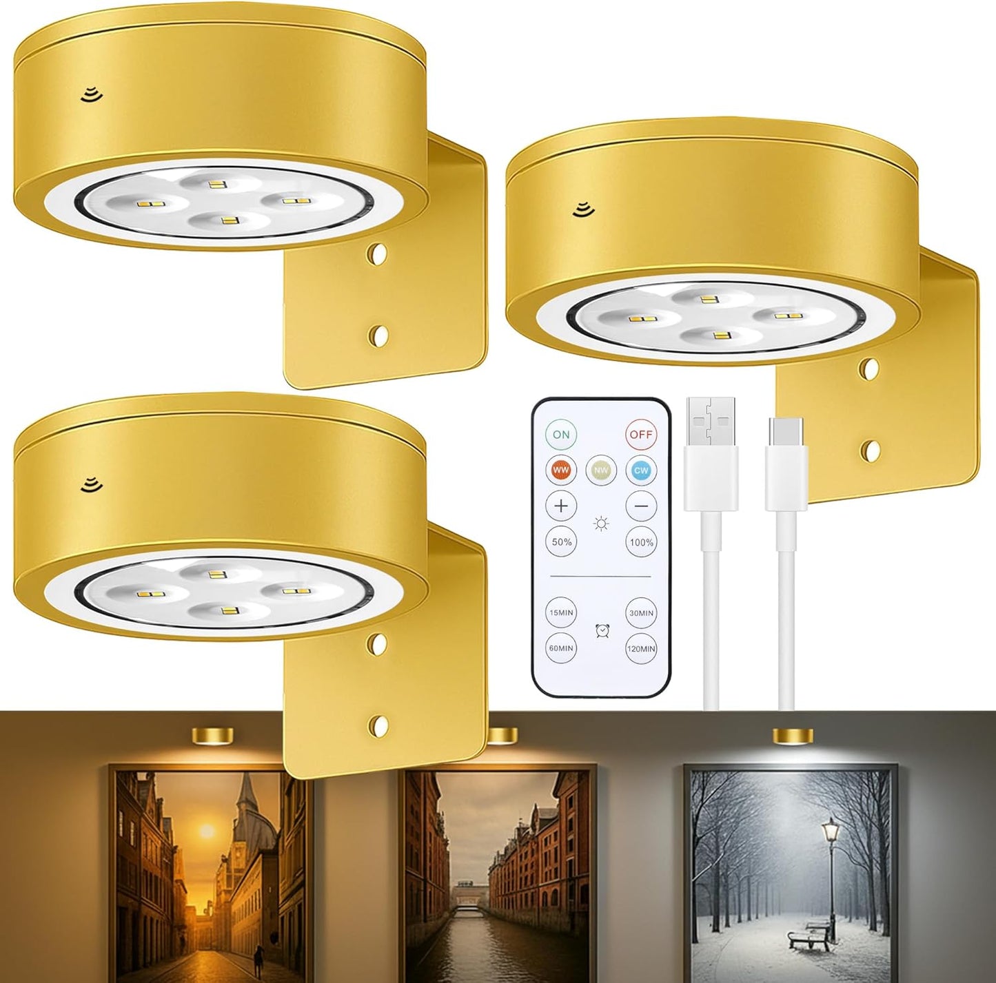 3-Pack Picture Lights for Wall, Rechargeable Battery Operated Led Painting Light with Remote Dimmable ＆ Timer, 3 Lighting Modes Magnetic Art Display Light, Wall Decorative Lighting for Picture,Frame