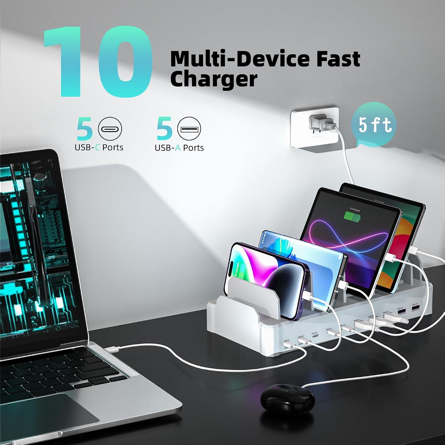 Zobirez 420W 10-Port Fast USB Charging Station for Multiple Devices, White | USB-C 1 & 2: Dual 65W Laptop Charging; 3x45W and 5x30W Ports for Phones, Tablets & Accessories; Includes 10 Cables