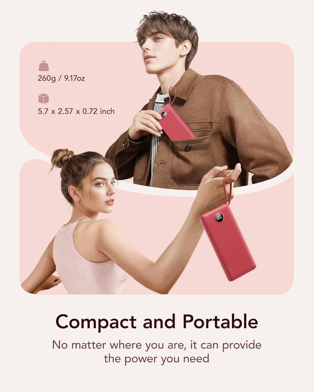 VRURC Portable Charger, Built in 4 Cables & Lanyard Power Bank 10000mAh, Compact USB C Charging Bank 5 Outputs for Multi Devices,Travel Essential for Hiking Camping Business Cruise Ship-Red(1 Pack)