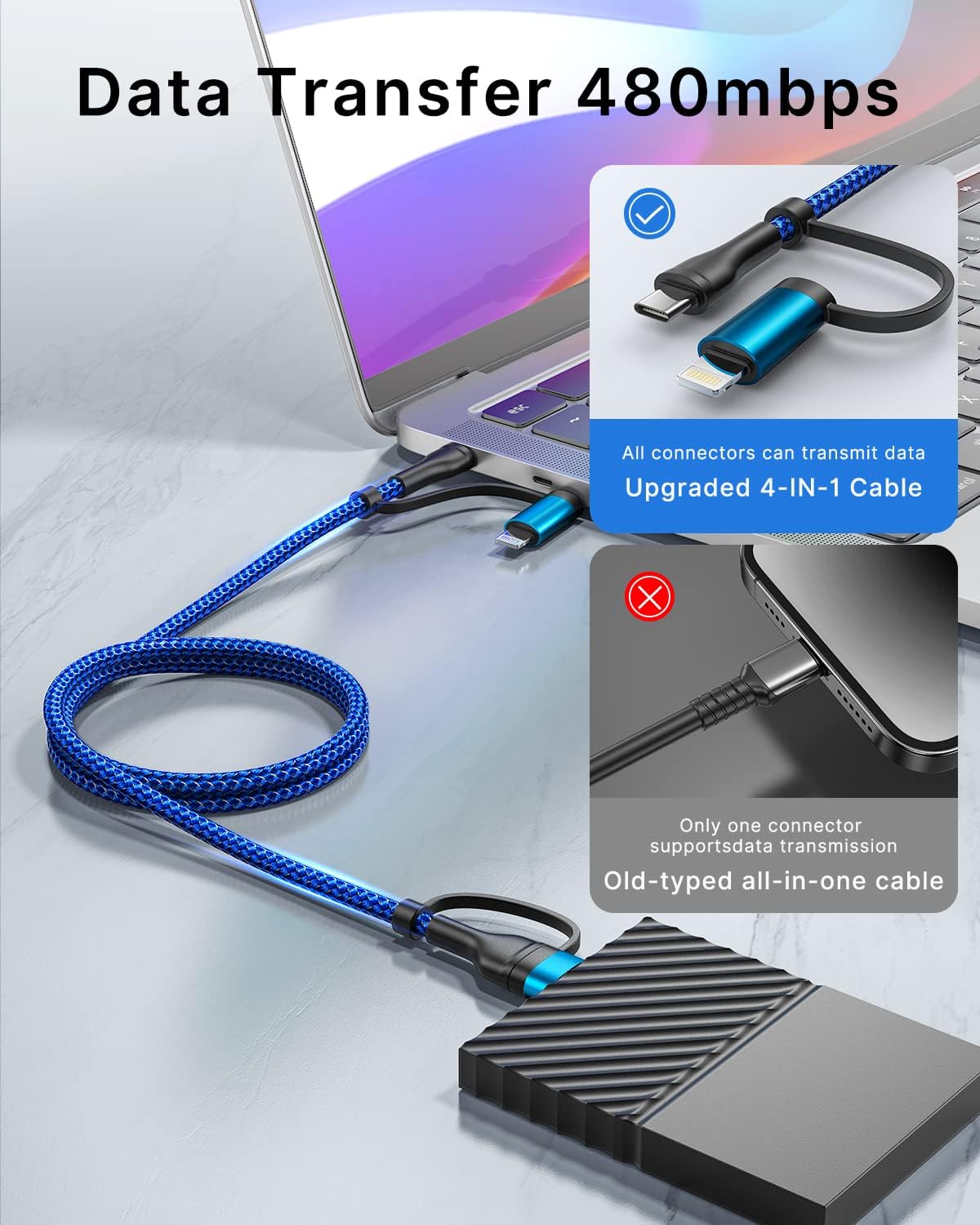 XUDUO 4 in 1 Charging Cord [2Pack 6.6FT] Fast Charging Ccable Apple MFi Certified Lightning Cable Nylon Braided 60W Multi USB C Cable for iPhone 16/15 14 13 12 iPad Samsung Galaxy MacBook iPad Tablets