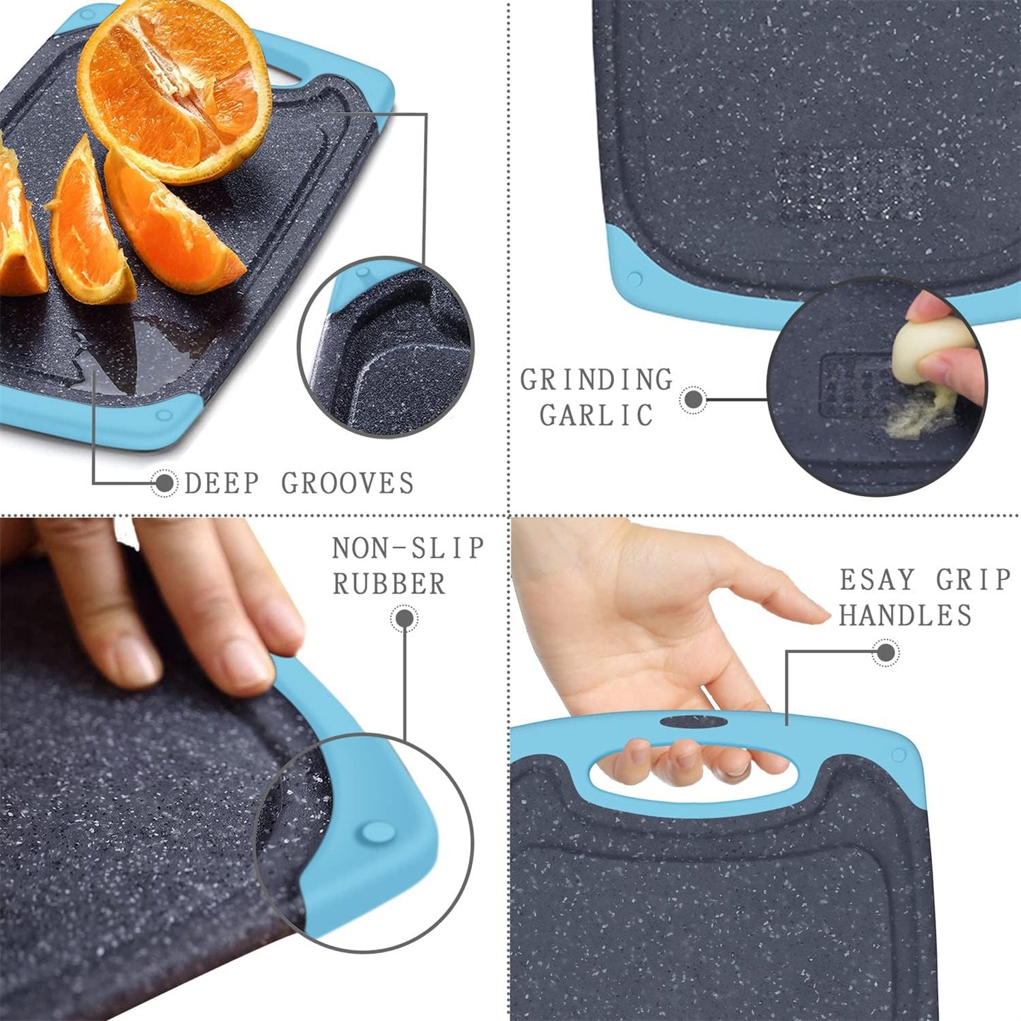 Plastic Cutting Board, 3 Pieces Dishwasher Safe Cutting Boards with Juice Grooves, Easy Grip Handle, Non-Slip, with Grinding Area for Grinding Garlic and Ginger（aqua）
