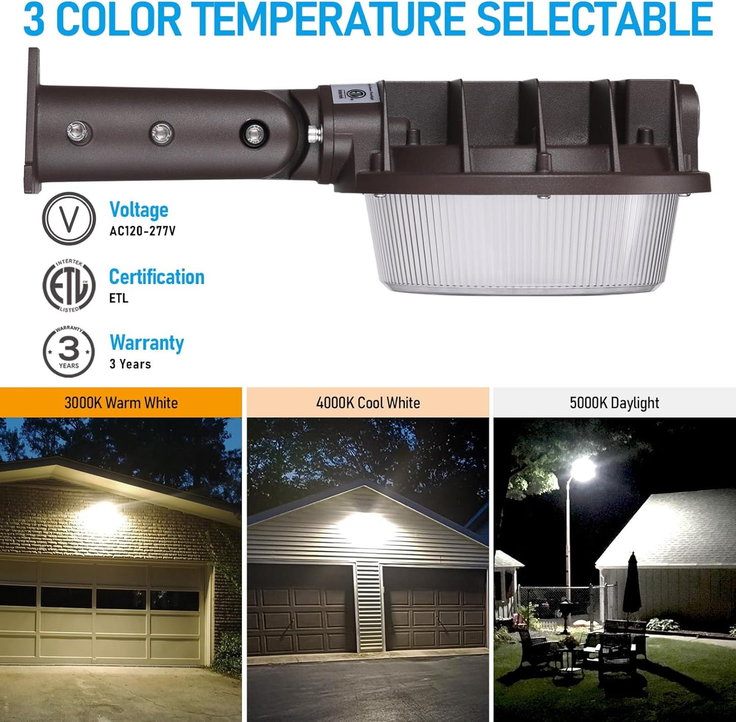 TORCHSTAR 3CCT LED Barn Light, Dusk to Dawn Area Lights with Photocell, Outdoor Security Flood Lighting, Update 40W/60W/80W Selectable, ETL Listed, IP65 Waterproof, Aluminum, 120-277V, Garage, Bronze