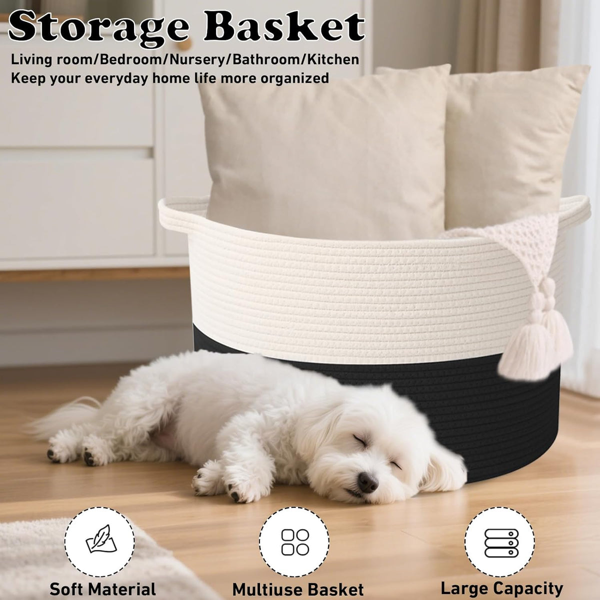 65L Large Blanket Basket,Woven Rope Laundry Basket-White&Black | Collapsible, reinforced handles, nursery storage bin organizes clothes, toys and pillows for living room, bedroom bathroom