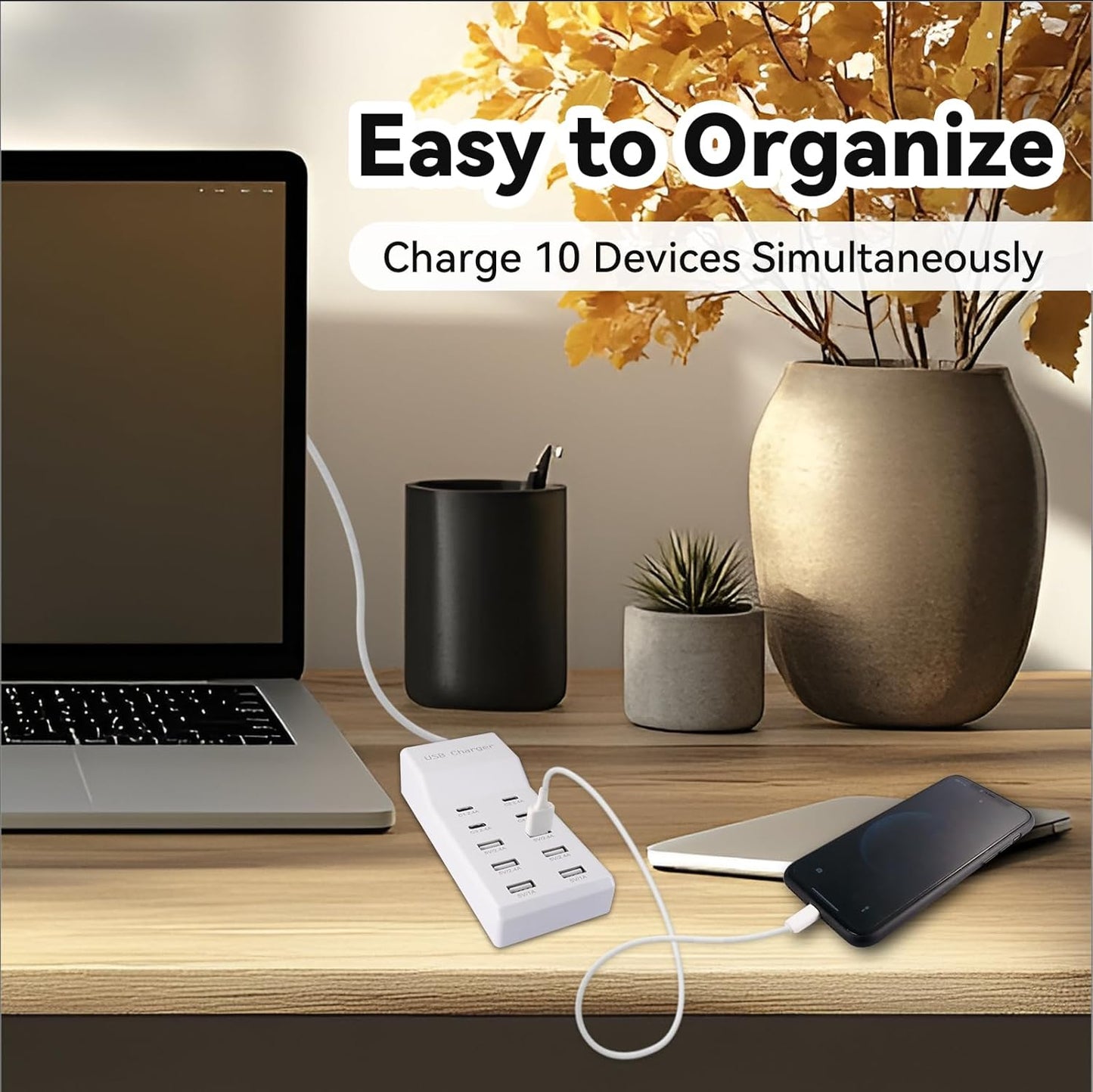 USB Charging Station with 6 USB-A and 4 USB-C Ports, 50W 10A USB Charger Block for Smart Phone, Tablet, Laptop, Multiple Devices - USB Power Strip with Auto-Detect Technology