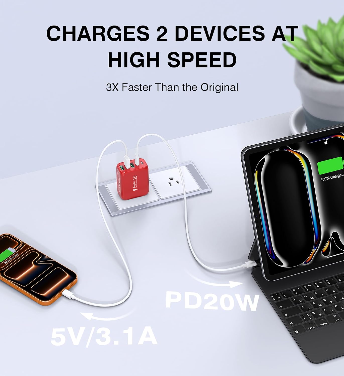 50W USB C Wall Charger, 2Pack 5-Port C Charger Fast Charging Block PD Power Adapter +QC Multiport Type C Box Brick Cube USB A Wall Plug for iPhone 14/15/16/17 Pro Max, iPad,Samsung Galaxy(Red)