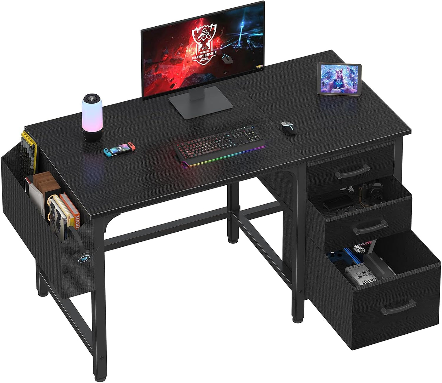 Lufeiya Computer Desk with Fabric File Drawers Cabinet, 55 Inch Reversible Home Office Desks with Filing Cabinet, Study Writing Table PC Desks with Storage for Bedroom, Black