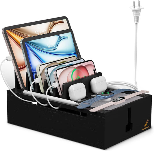 Pezin & Hulin Bamboo Charging Station for Multiple Devices -Black | USB Charger Dock Organizer, with Power Supply (10 Ports HUB), 6 Cables, Cable Management Organizer for Cell Phones, Tablet