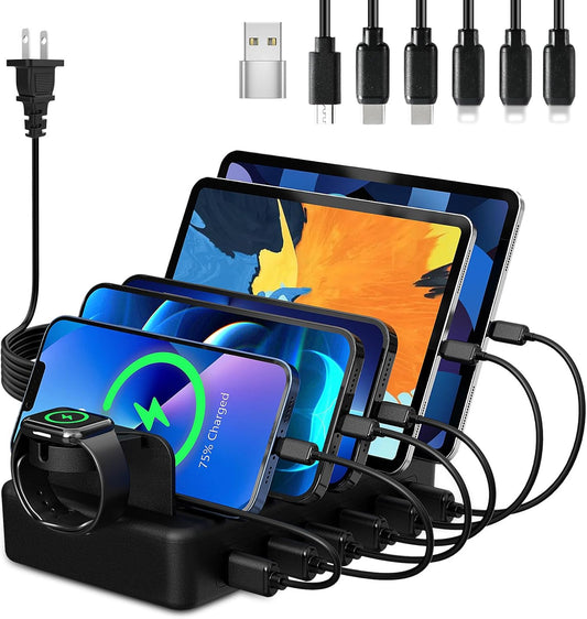 Charging Station for Multiple Devices, 50W 6 Ports USB Charger Station | with Apple Watch Holder & 6 Cables, for iPad Cellphone Kindle Tablet and Other Electronic, 1 USB-A to USB-C Adapter Converter