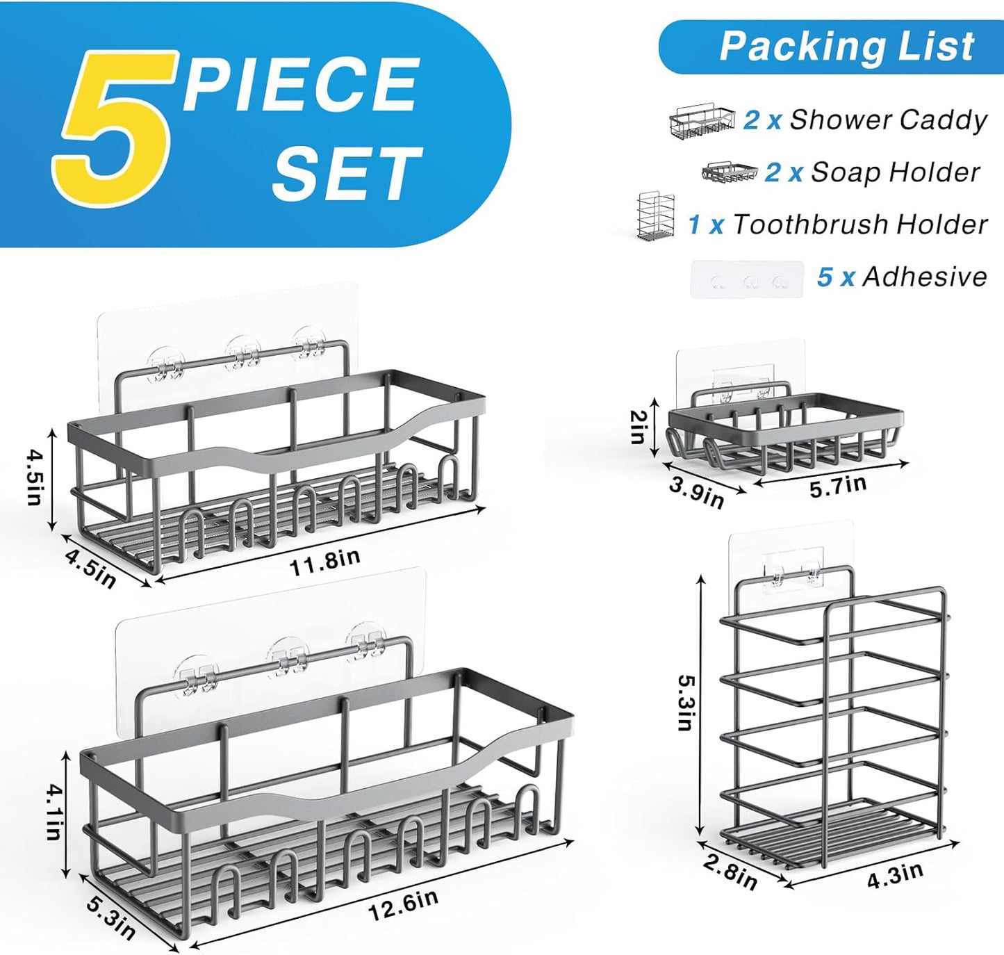 Shower Caddy 5 Pack,Adhesive Shower Organizer for Bathroom Storage&Home Decor&Kitchen,No Drilling,Large Capacity,Rustproof Stainless Steel Bathroom Organizer,Shower Shelves for Inside Shower-Larger