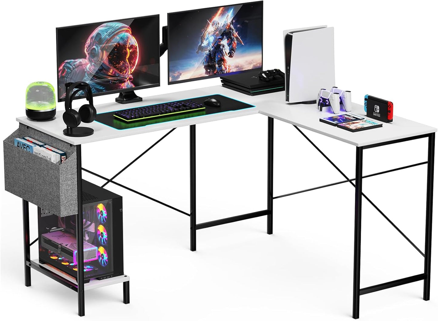 L Shaped Desk Gaming Computer 50 Inch Reversible Corner Table PC Work Table for Writing Study Student with Wood Tabletop Metal Frame CPU Stand Side Bag for Home Office Small Place