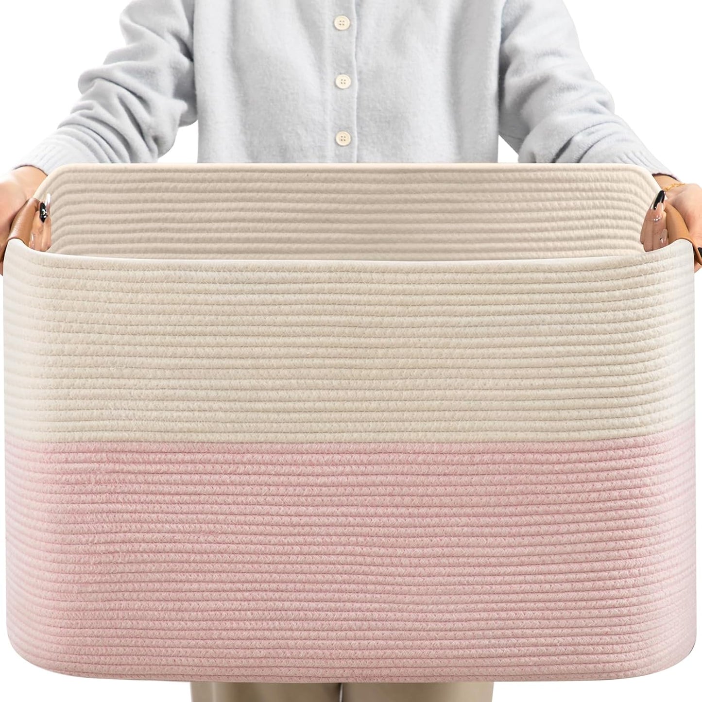 danpinera Large Woven Basket 25’’*16’’*16’’ Rectangle Woven Baskets for Storage, Storage for Living Room, Soft Cotton Rope Basket With Handle, Large Basket for Kids Dog Toys, 108L Pink+White