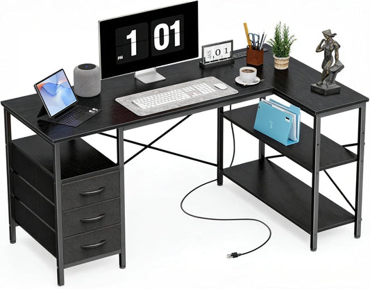 Alpen L Shaped Computer Desk, 47 Inch Corner Desk with Drawers and Power Outlets, Home Office Desk for Gaming, Study Writing PC Table with Storage and Reversible Shelf, Black