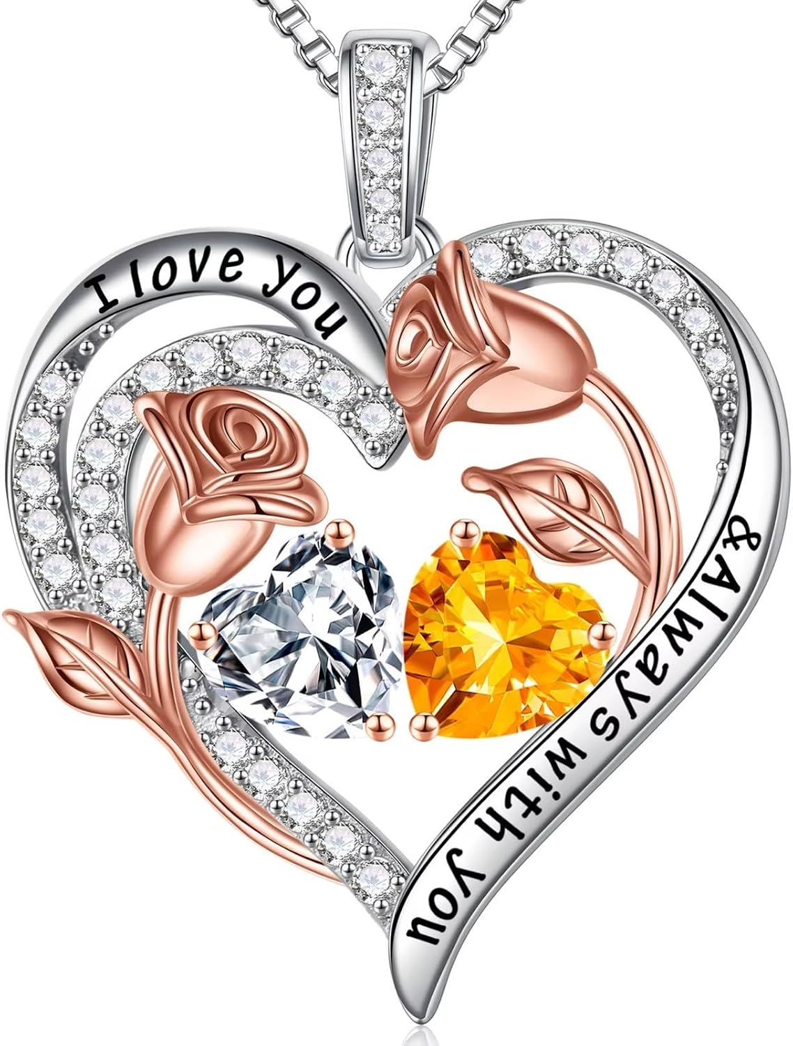 Iefil Birthstone Necklace for Women - Rose Heart Necklace