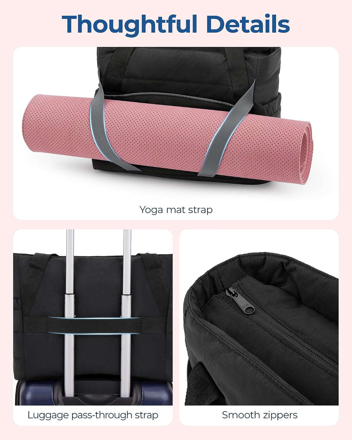 BAGSMART Tote Bag for Women with Zipper and Yoga Mat Straps