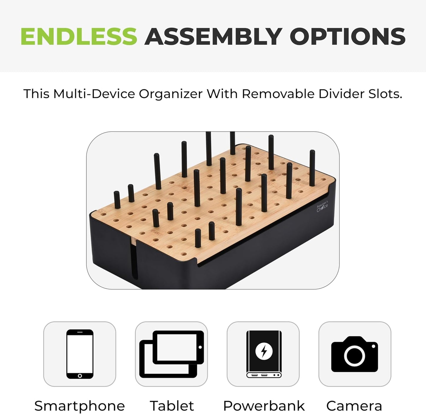 Prosumer's Choice Bamboo Charging Station for Multiple Devices - Wood Device Dock, Organizer Suitable Apple & Android Cell Phone, Tablet, iPad Cables Not Included, Metal & Bamboo Black