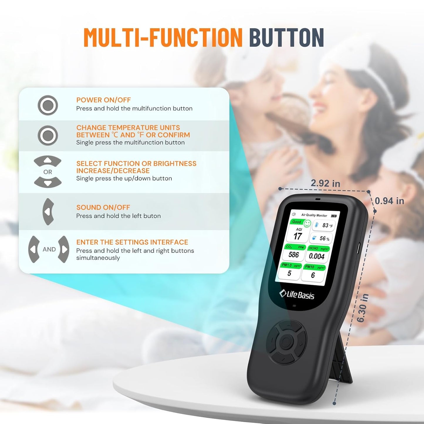 LifeBasis Air Quality Monitor Indoor, 11-in-1 Air Quality Detector with Stand, Air Meter Test AQI, PM1.0, PM2.5, PM10, CO2, TVOC, HCHO, Particles, Temperature and Humidity with Alert