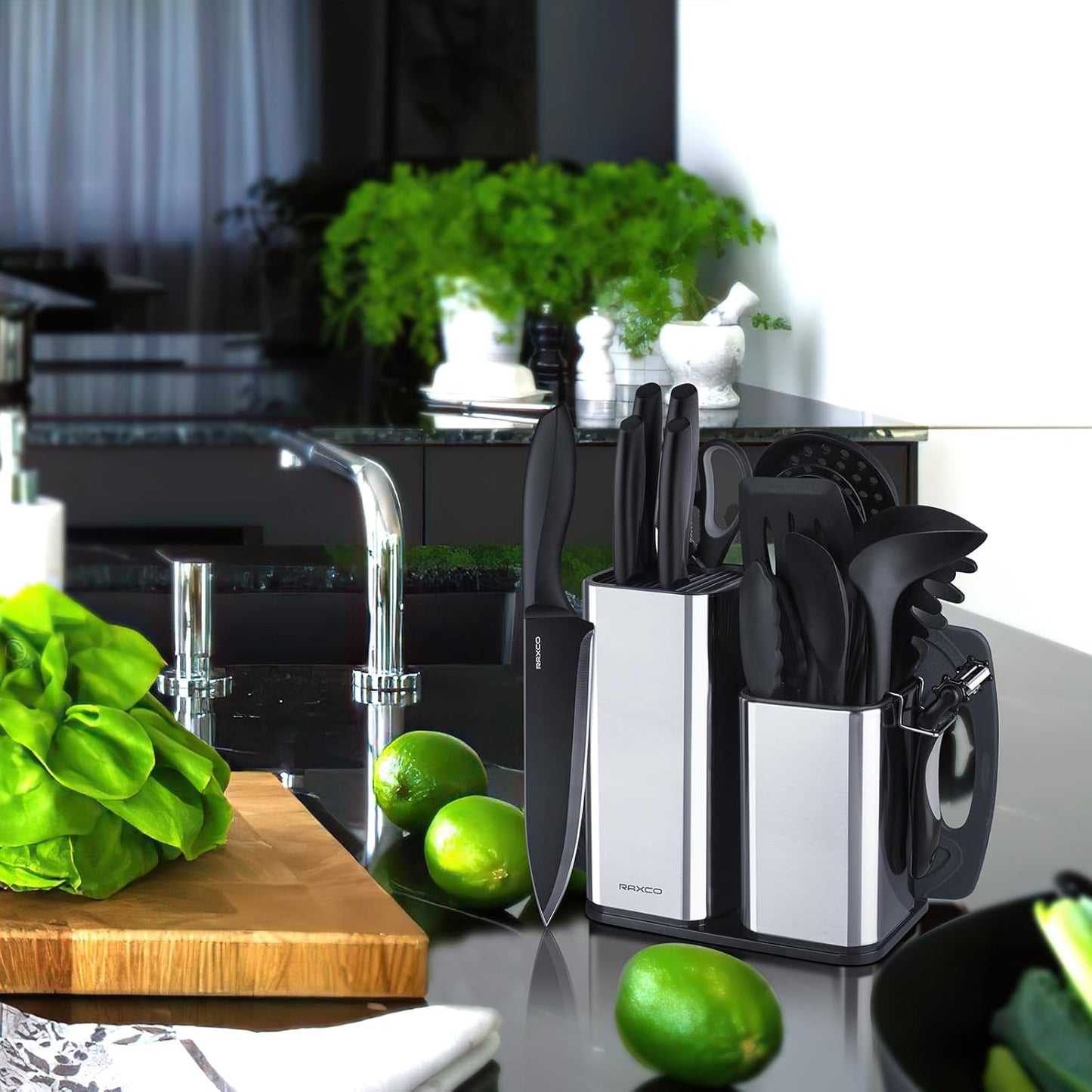 RAXCO Kitchen Utensils Set For Cooking,7 Cooking Utensils,5 Kitchen accessories,6 Knife set,utensilios de cocina,Black