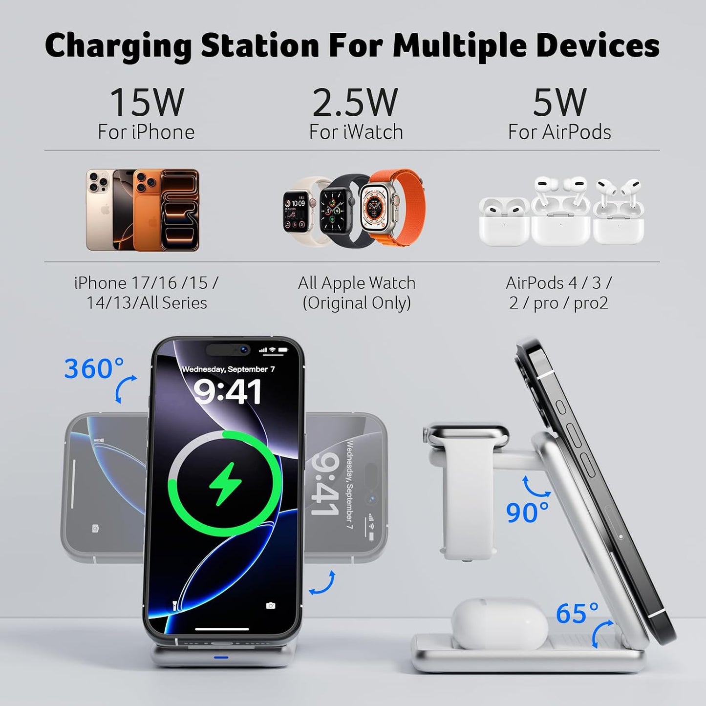 Acer 3 in 1 Charging Station for iPhone, Wireless Charger Stand,15W Fast MagSafe Charger for iPhone 17 16 15 14 13 12 Series-Apple Watch 11 10 9 8 7 6 5 4 3 2 SE and Ultra Series-Airpods 4 3 2 Pro