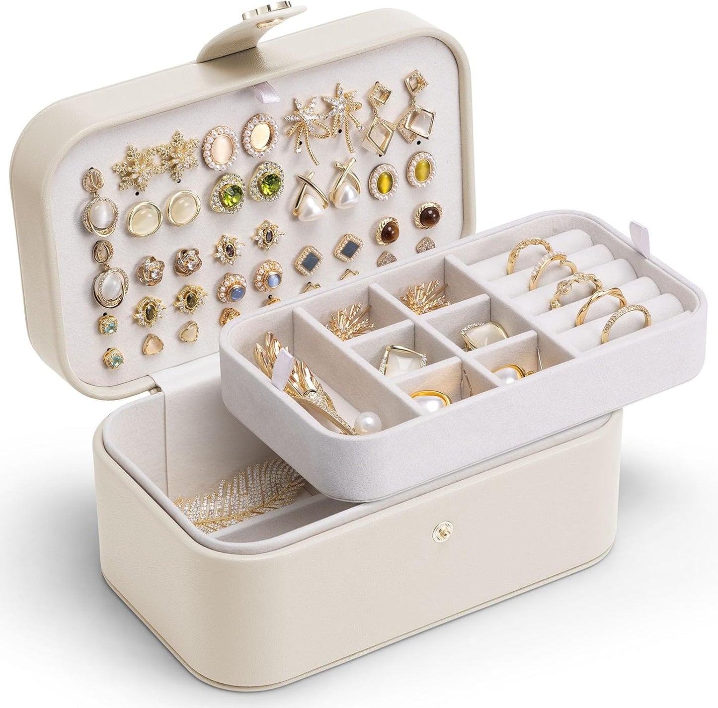 VLANDO Travel Jewelry Case, 2-Layer Jewelry Box, Portabel Travel Organizer for Necklaces, Earring, Bracelets, Ring, Watch - Large Capacity Travel Jewelry Storage - Cloud White