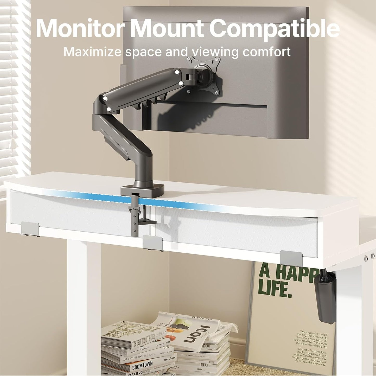 HUANUO 32 x 21 inch Small Electric Standing Desk with 2 Drawers, C-Clamp Mount Compatible, Height Adjustable Sit Stand Desk, Home Office Stand Up Desk with 4 Memory Height Settings, White
