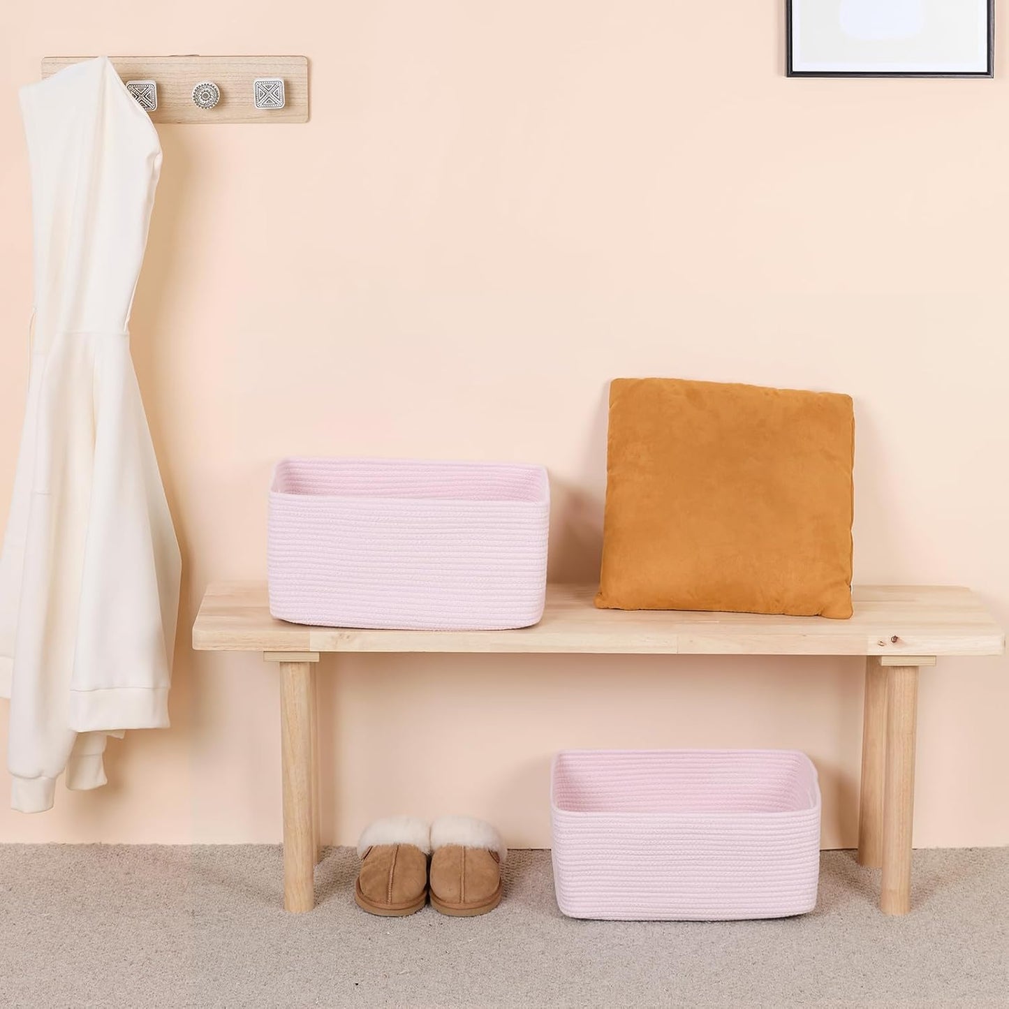 MiniArk Large Storage Baskets for Shelves, 17 x 13 x 7.5” Closet Organizers Bins for Clothes Blanket Towels, Baby Nursery, Toy Baskets Box, Woven Rope Baskets, 3 Packs Light Pink