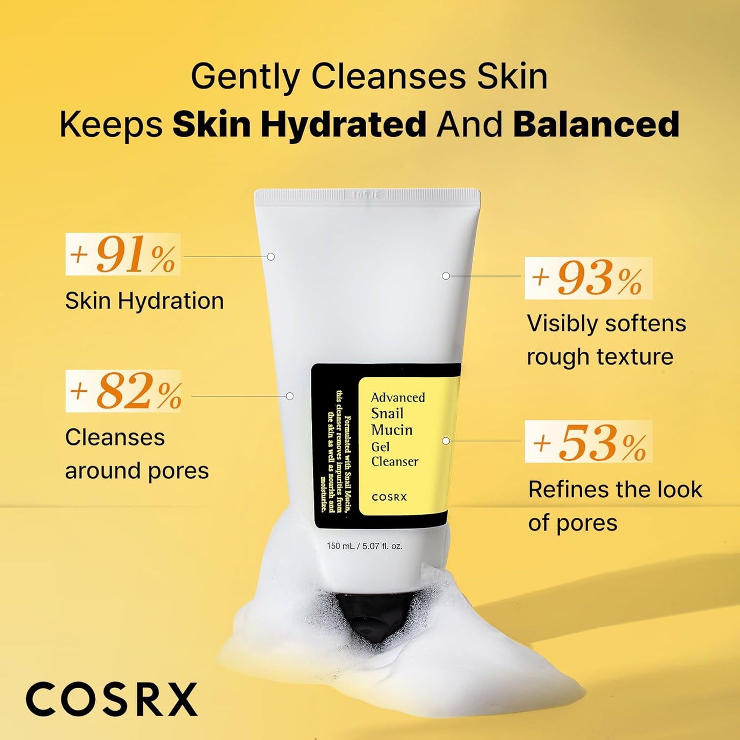 COSRX Advanced Snail Mucin Gel Cleanser, 5.07 Fl Oz / 150 mL, Rich Daily Deep Cleansing Gel Cleanser for Dull, Dry & Sensitive Skin, Korean Skin Care, Korean Face Wash