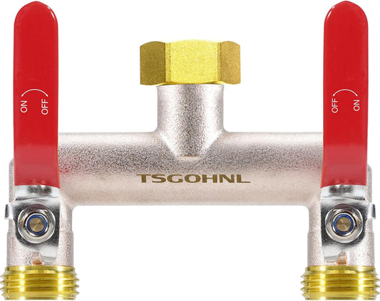 2 Way Garden Hose Splitter, 3/4" GHT Brass Hose Splitter - Red | One-Piece Heavy Duty Full Brass Body with Shut-off 2 Valves, Wide Spacing Fits Larger Timers, Nickel Plated , 3.63" Handles