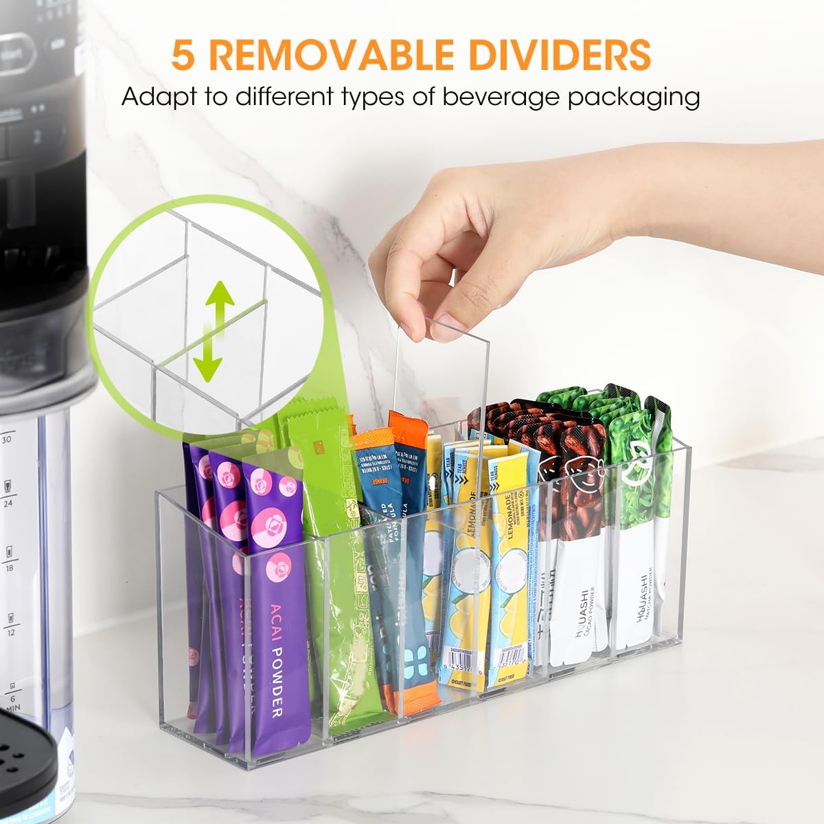 AIEVE Drink Packet Organizer, Water Drink Packet Holder with Removable Divider, Water Flavor Packet Organization Container for Kitchen Organizers and Storage (6 Compartments)