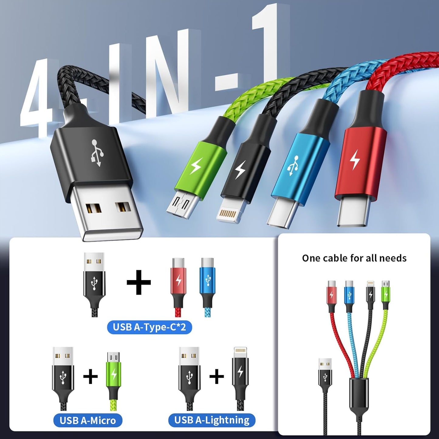 Cruise Essentials 2026 4 in 1 Multi Charging Cable [2Pack 5FT], Tangle Free USB C Car Charger Cable, Nylon Braided Charging Cords for Multiple Devices, Travel Essentials Car Accessories