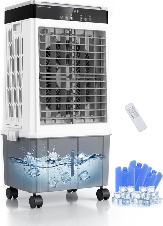 Air Choice Swamp Cooler, 3000CFM 31" Evaporative Air Cooler, 5.5Gal Removable Tank & 4 Ice Box, 120° Oscillation, 3 Speeds, Remote, 12H Timer, 3-in-1 Air Cooling Fan for Outdoor, Office, Bedroom, Grey
