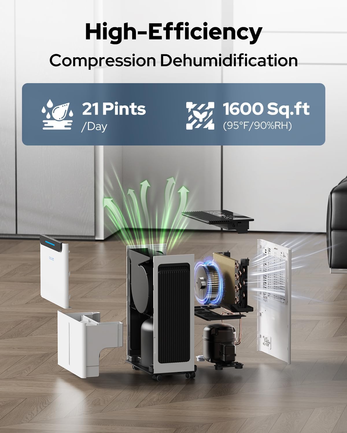 1600 Sq.ft Dehumidifier for Basement - 21 Pints, Drain Hose & Humidity Control Large Room Dehumidifiers for Home, RV, Bathroom, Bedroom - 3 Modes & 24H Timer White