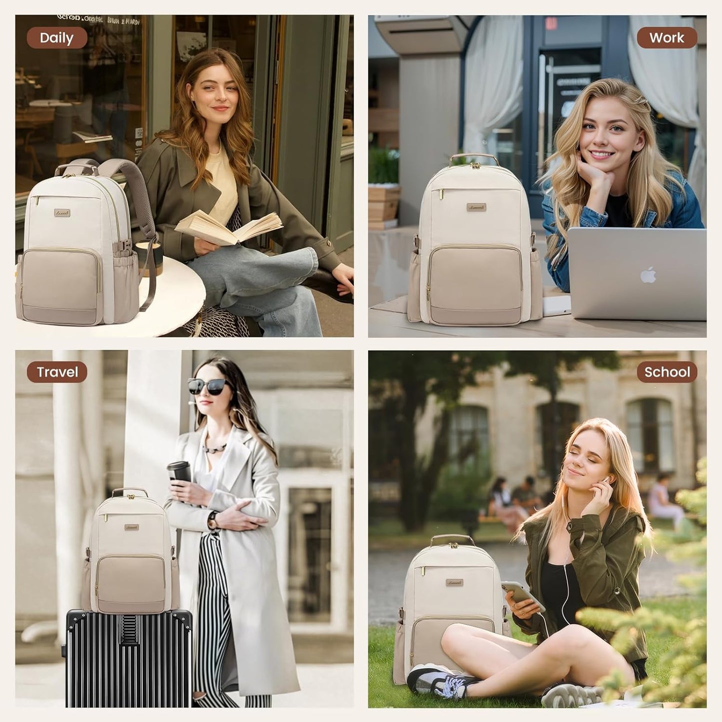 LOVEVOOK Laptop Backpack for Women with Pouch Pocket for Large Capacity Cup,15.6 Inch Laptop Computer Bag Travel Backpack Purse,Waterproof Work Business Backpack College Teacher Bags,Beige-Khaki