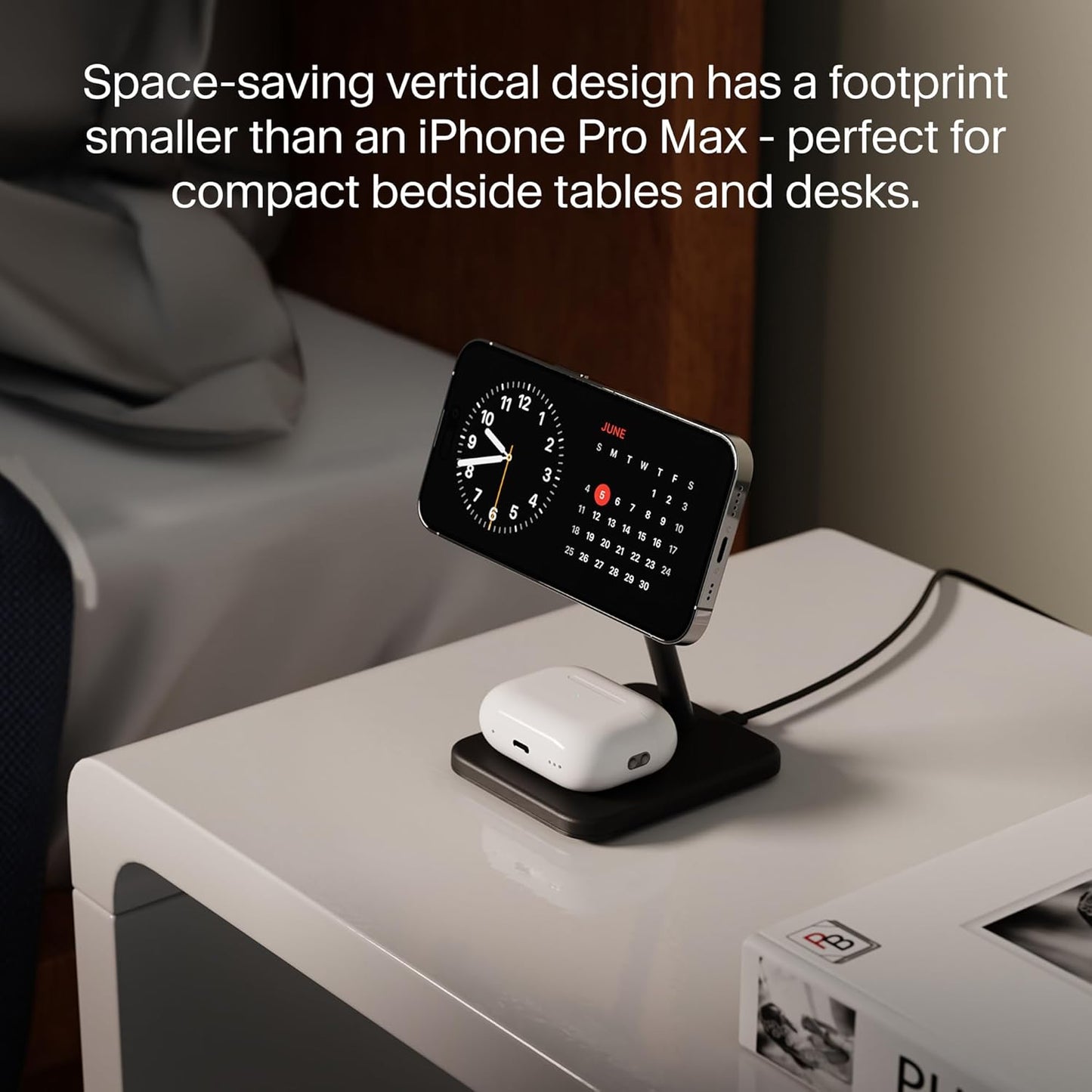 Twelve South HiRise 2 Deluxe 2-in-1 Wireless Charging Station, Black | The Qi2 magnetic arm delivers 15W to your iPhone while the 5W base tops up AirPods Pro; tilts 70 degrees for StandBy mode.