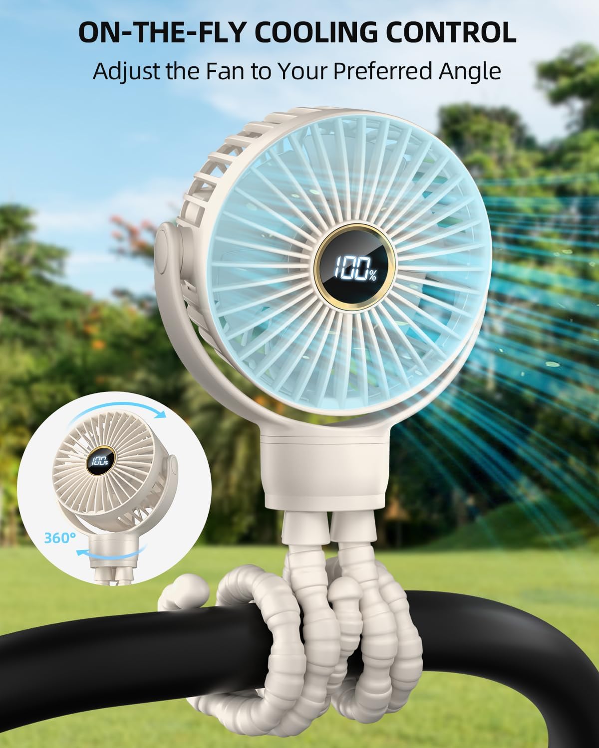 Portable Stroller Mini Fan, Small Rechargeable Personal Fan, Travel Essentials for Baby, Wagon, Car Seat, Treadmill, Battery Powered Biking Gear Accessories, 360° Rotation, 3-Speed, Display, Beige