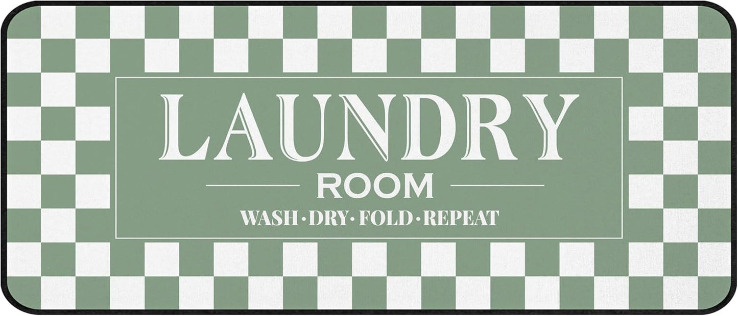 ROMAMIGO Laundry Room Rug Runner Non Slip Laundry Mats Mudroom Laundromat Runner Farmhouse Kitchen Floor Mat Bathroom Laundry Room Decor Accessories(20 X 47 inch, Green Checkerboard)