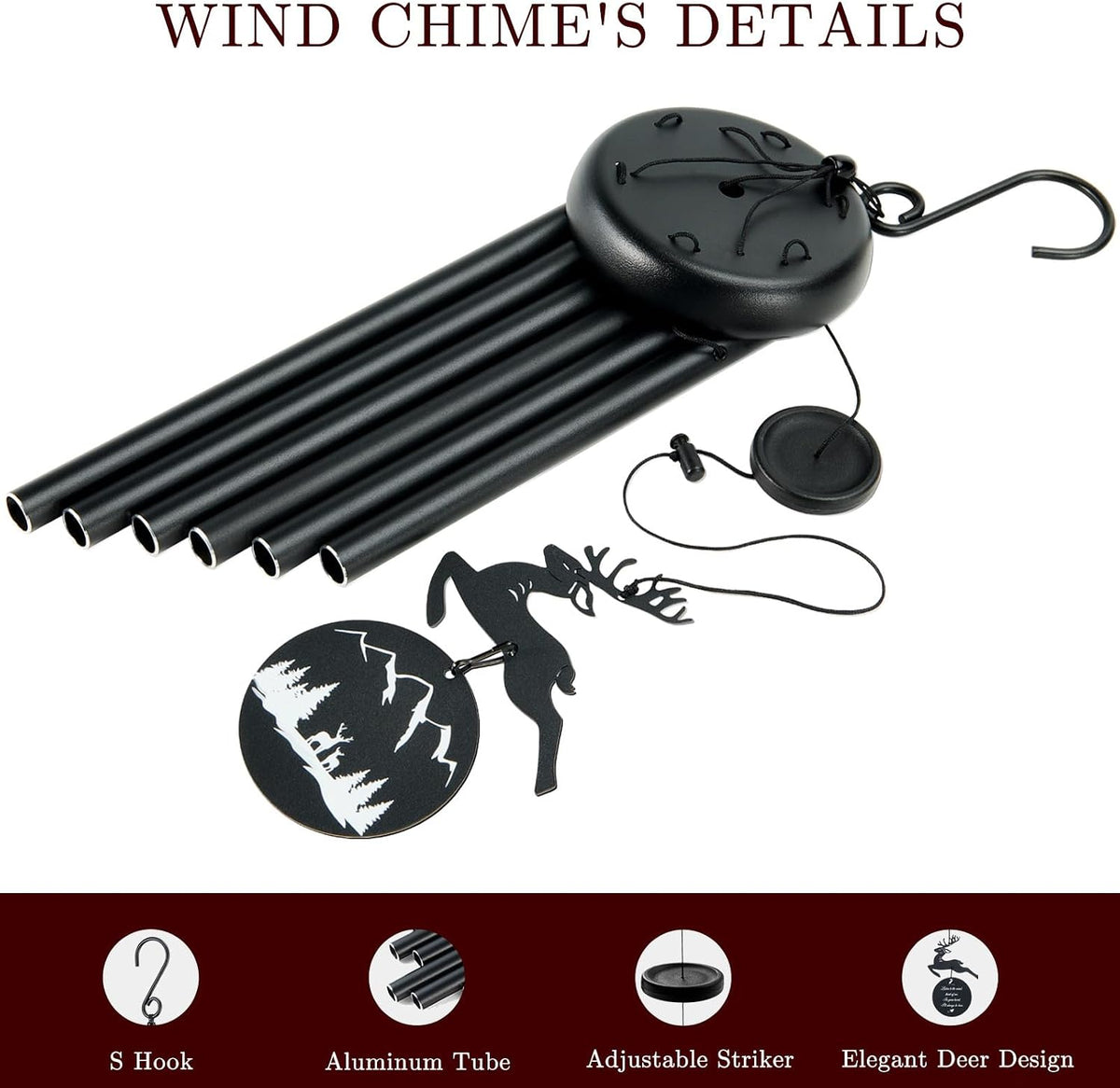 Wind Chimes for Outside, 32" Memorial Wind Chimes for Loss of Loved One Mother Father, Memorial Sympathy Gift Outdoor Garden Patio Decor, Deer Xmas Decorations (Black)