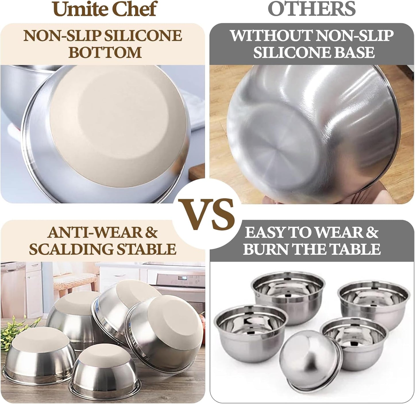 Umite Chef Mixing Bowls with Airtight Lids Set, 8PCS Stainless Steel Nesting Bowls with Grater Attachments, Non-Slip Bottoms, 5, 4, 3.5, 2, 1.5QT for Mixing & Serving