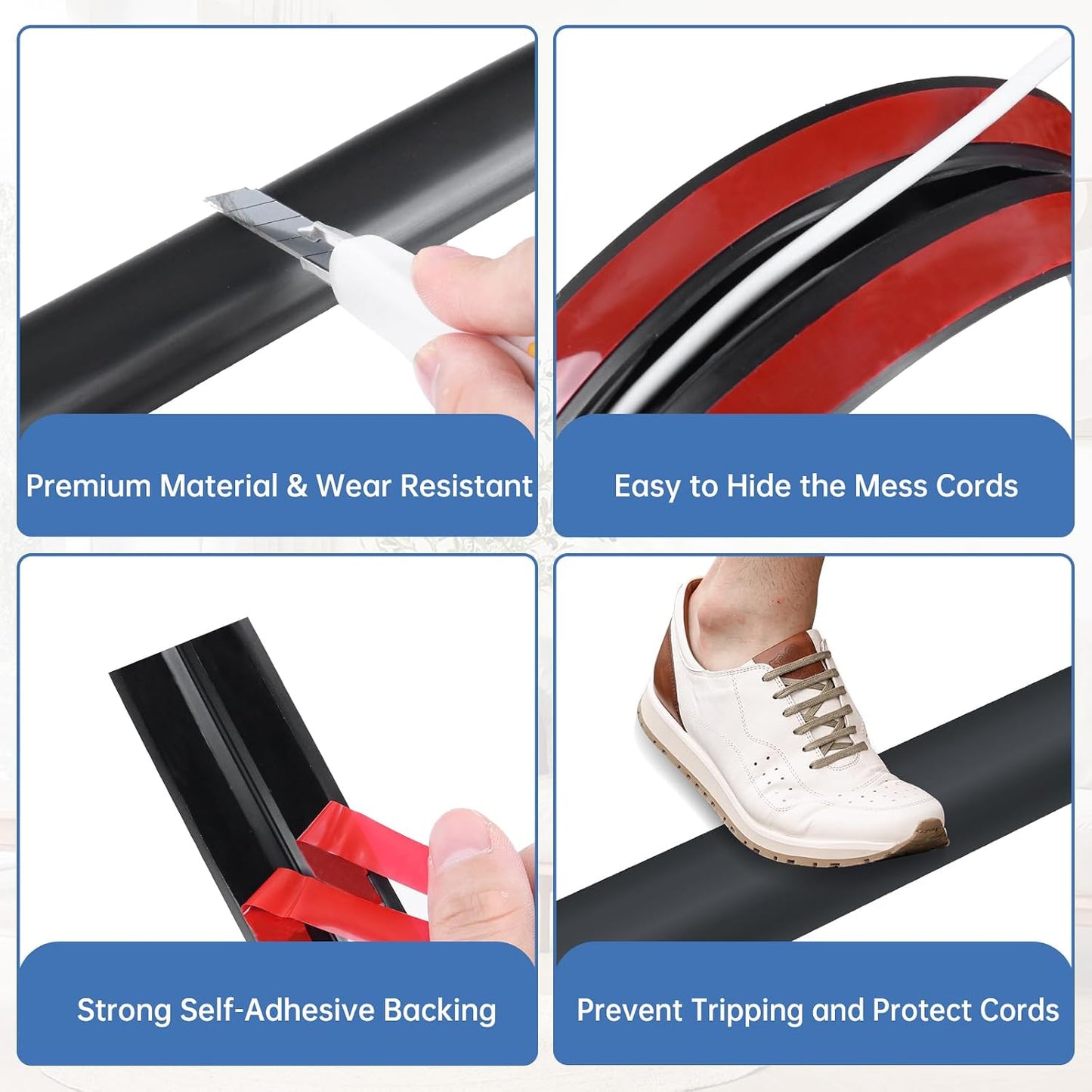 LSGCQ Floor Cord Cover Self Adhesive Cord Hider Floor Cable Management | Cord Covers for Wires on Floor Cable Cover, Prevent Cable Trips, Cable Cavity 0.59" W x 0.31" H, 20Ft, Black