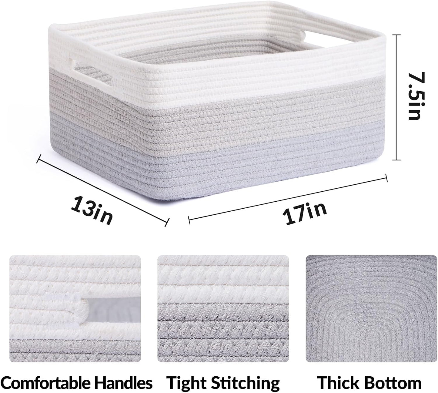 MiniArk Large Storage Baskets for Shelves, 17 x 13 x 7.5” Closet Organizers Bins for Clothes Blanket Towels, Baby Nursery, Toy Baskets Box, Woven Rope Baskets, 2 Packs Gradient Grey