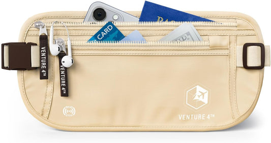 VENTURE 4TH Money Belt for Travel – Slim Hidden Under-Clothes RFID Blocking Anti-Theft Passport Holder & Travel Wallet Pouch for Men & Women to Protect Cash, Cards & Documents (Beige)