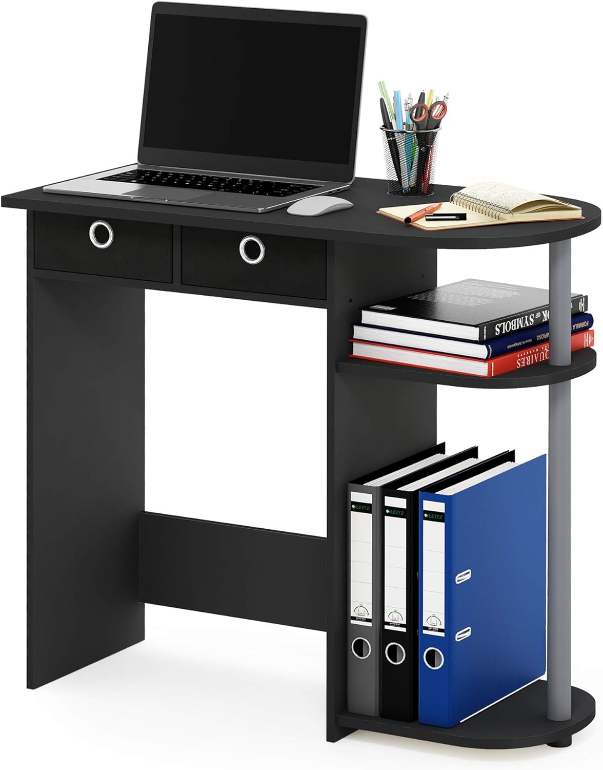 Furinno GO GREEN Desk, 31.5" Wide Gaming Desk with 2 Side Shelves and Storage Bins, Computer Desk, Office Desk for Home Office, Study Room, Dorm, Bedroom, Black