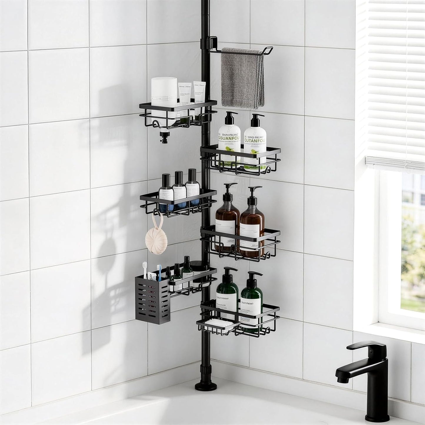 Shower Caddy Organizer Tension Pole, Rustproof 6-Pack Corner Shelf with 30-120 Inch Adjustable Shower Rack for Inside Shower, Extra Towel Bar & Soap Dish for Bathroom Organizers and Storage, Black