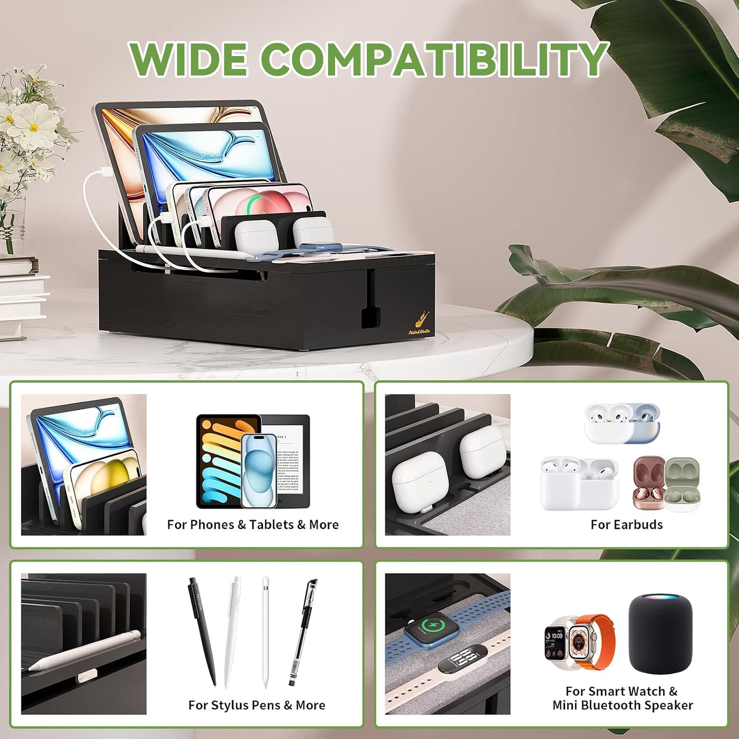 Pezin & Hulin Bamboo Charging Station for Multiple Devices -Black | USB Charger Dock Organizer, with Power Supply (10 Ports HUB), 6 Cables, Cable Management Organizer for Cell Phones, Tablet