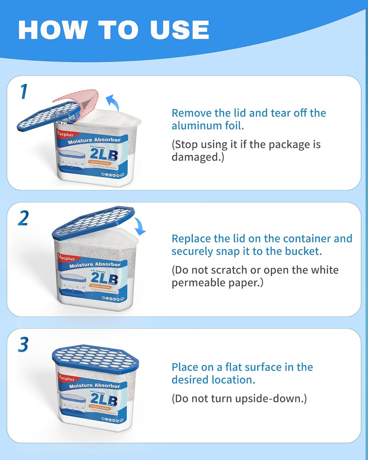 Vacplus Moisture Absorber Buckets – Large Capacity Dehumidifier and Humidity Absorber for Closet, Basement, Bathroom, RV, and Storage Areas, Unscented, 2 lbs, 4 Pack