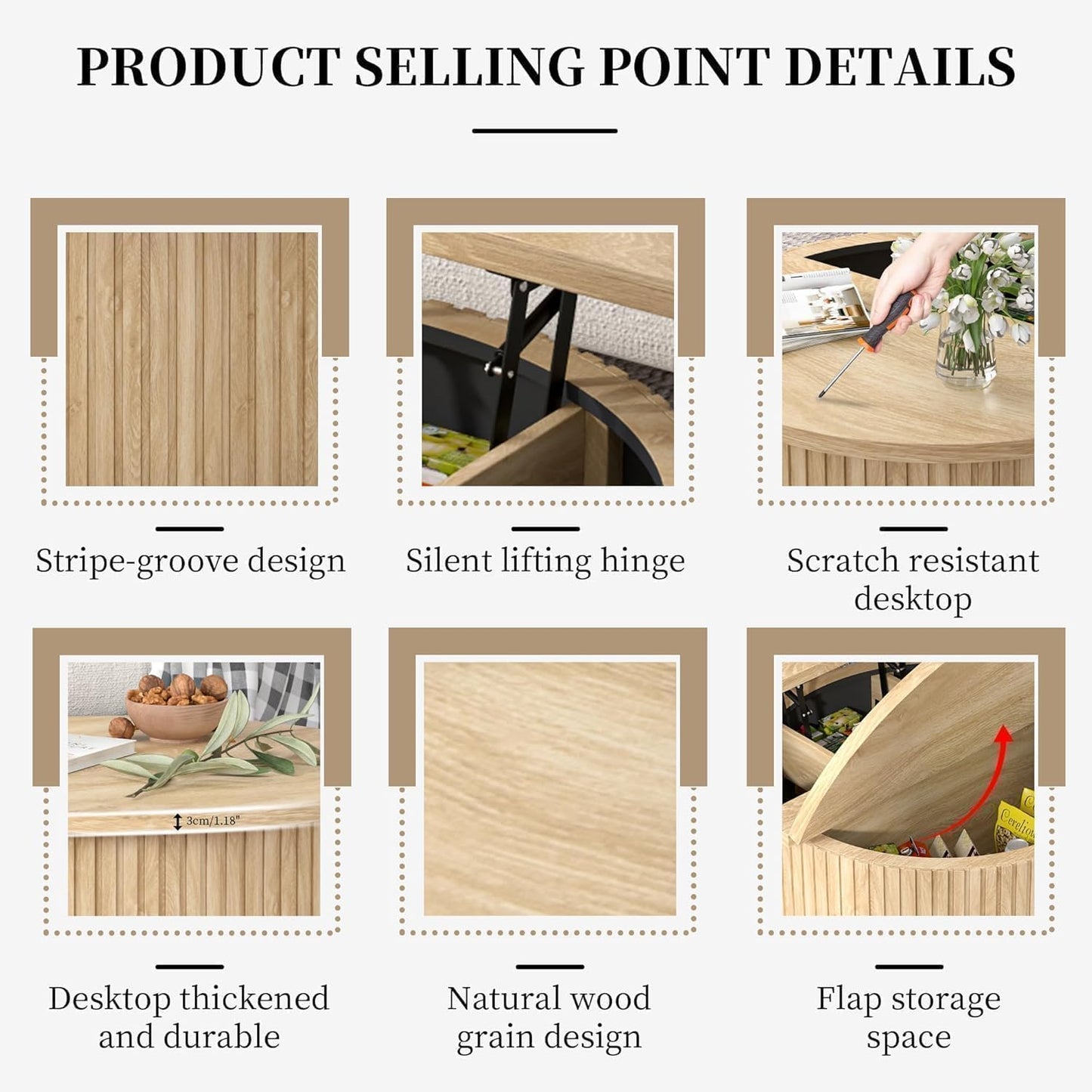 Fsbecl 34'' Round Fluted Lift Top Coffee Table with Hidden Storage, Oak | Wooden Center Table, Lift Top Coffee Table for Living Room, Home Decor