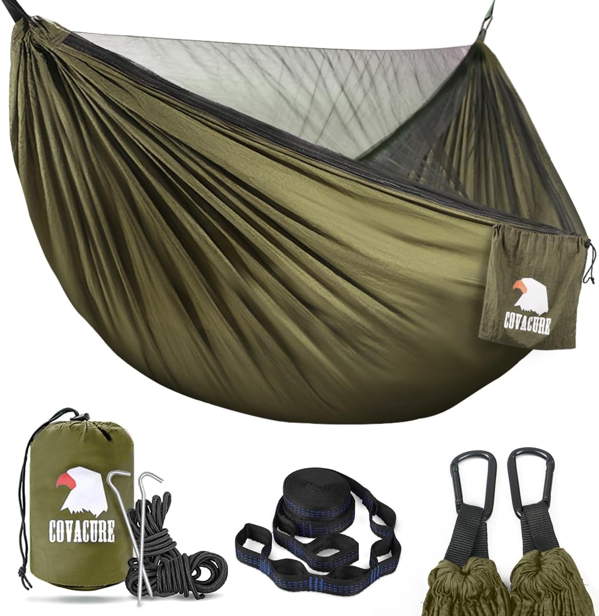 Covacure Camping Hammock - Lightweight Double Hammock, Hold Up to 772lbs, Portable Hammocks for Indoor, Outdoor, Hiking, Camping, Backpacking, Travel, Backyard, Beach（Dark Green）
