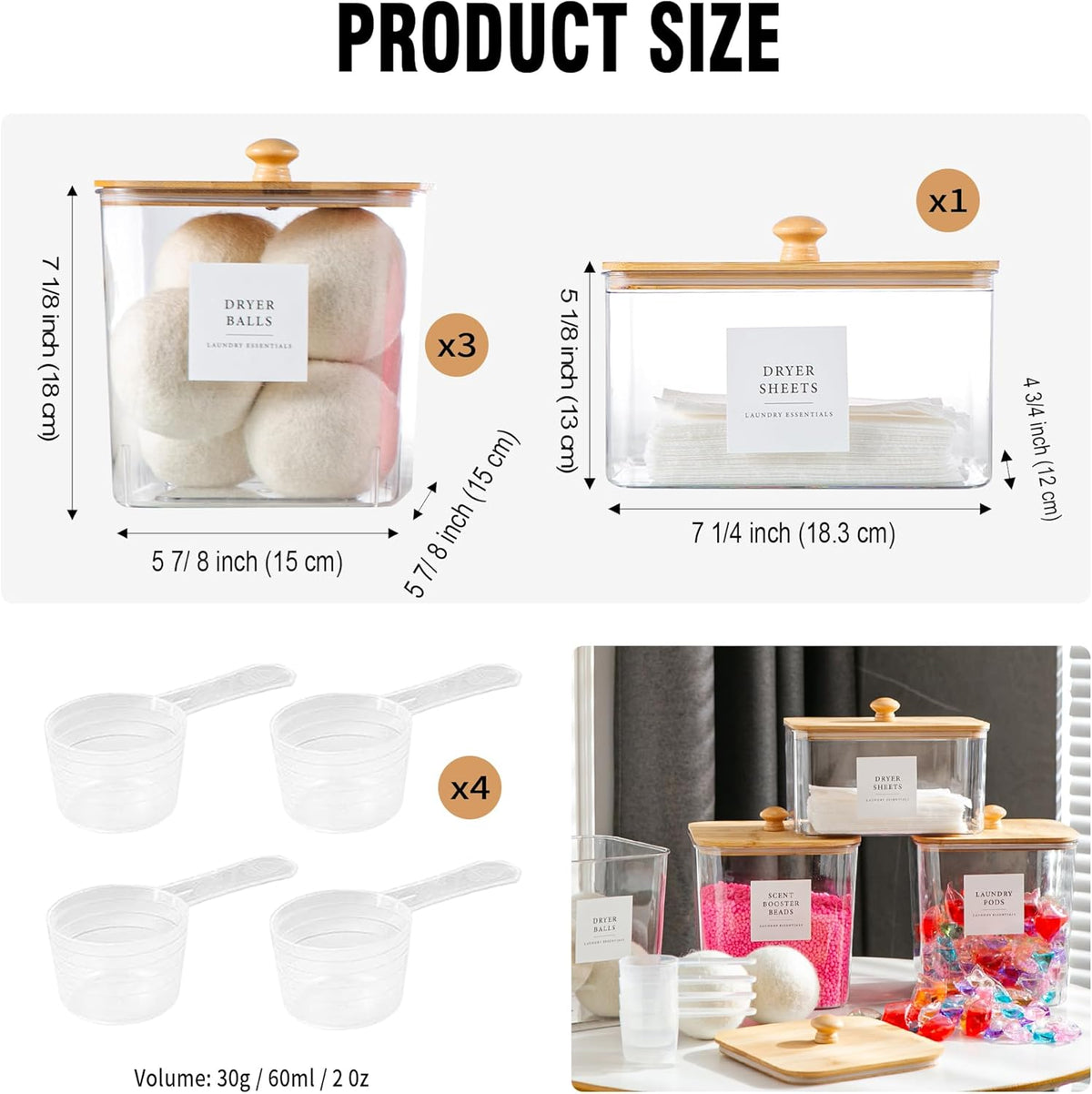Laundry Room Organization Container, 4pcs Acrylic Laundry Pod Storage Containers, Dryer Sheet Holder Jars with Bamboo Lids and Labels for Scent Booster Powder Detergent Pods Storage