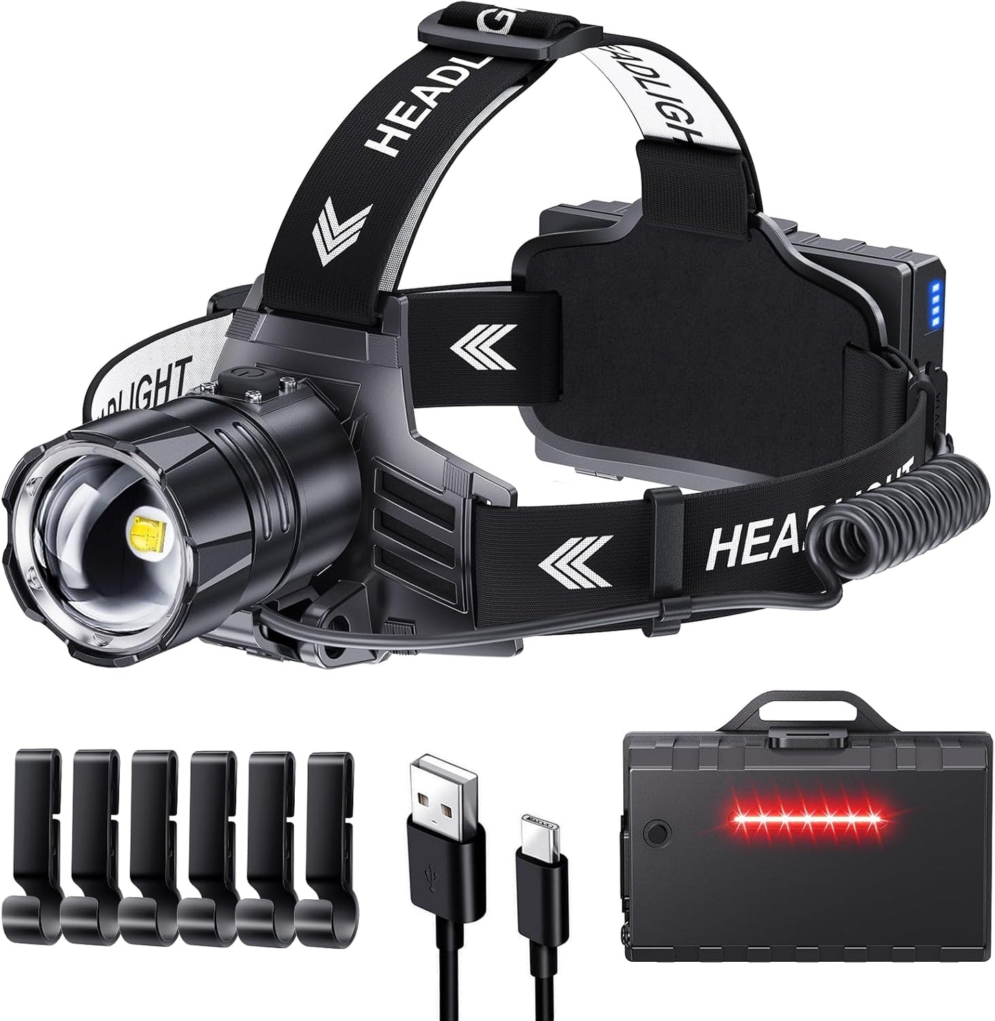 Sinvimes 99000 High Lux LED Rechargeable Headlamp, 95H Long Battery Life Head Lamp with 5 Modes & IPX7 Waterproof & Zoomable, 125° Adjustable Head Light for Adults, Outdoor, Camping, Hardhat